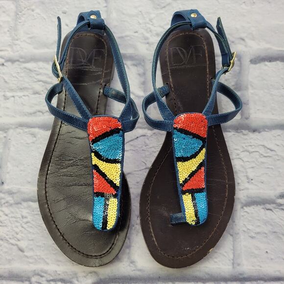 Diane von Furstenberg DVF Blue T-strap Sequin Colorblock Sandal size 6 1/2 - Picture 3 of 16